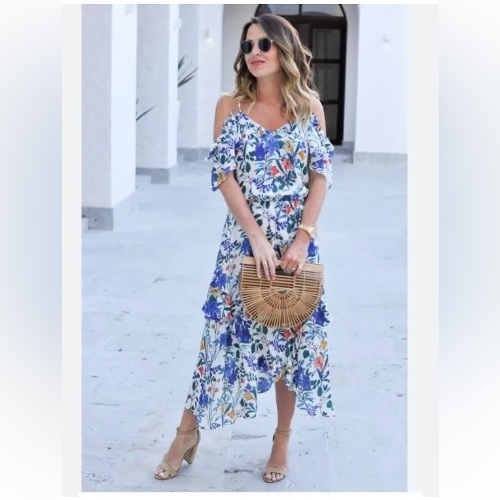 ♥️ Parker Kam Silk Floral Cold Shoulder Tiered Midi Dress